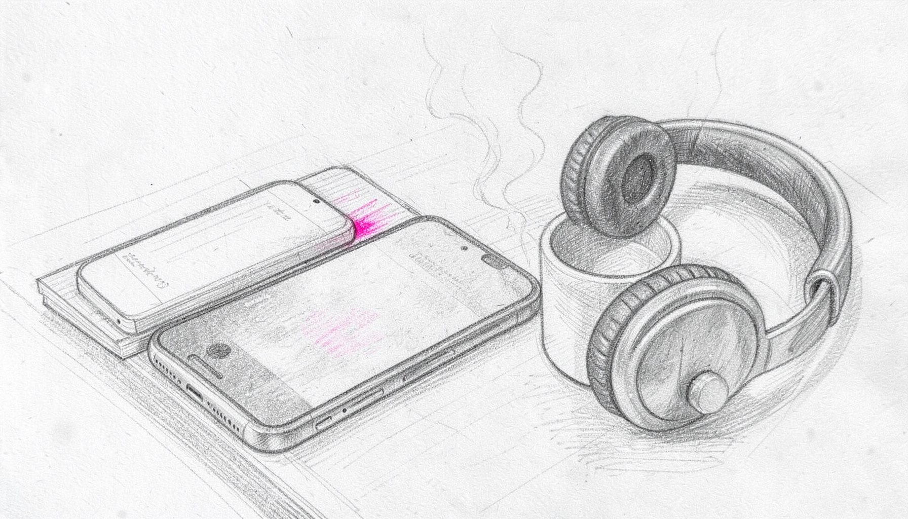 Graphite pencil sketch of a tidy desk with a smartphone, open notebook, and a pair of over-ear headphones resting beside